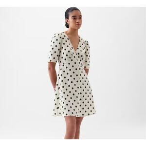 GAP Dress Size L Tall Black Cream Polka Dot Linen Blend V-Neck Mini Puff Sleeves